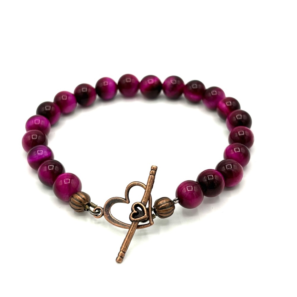 Hand Crafted Magenta Tiger Eye Bracelet with Heart Toggle - Picture 3 of 7